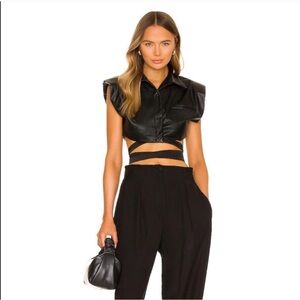 NONCHALANT Cinda crop top Black Faux Leather Shirt with Tie Belt size S